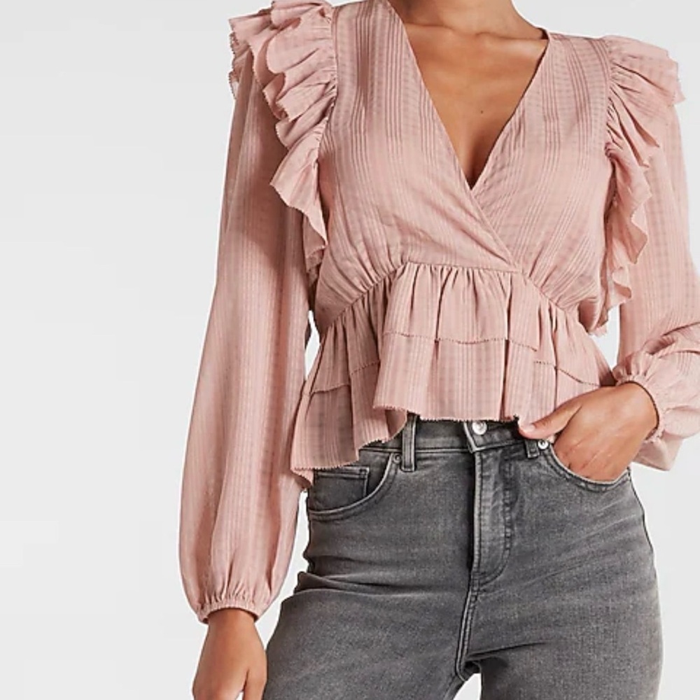 Express Mauve or "pink nectar" Long-sleeve V-Neck Ruffle Tiered Peplum Blouse